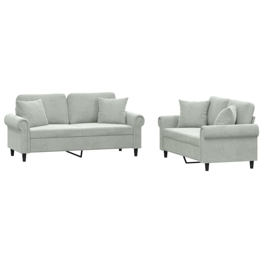 Light Gray Velvet 2 Piece Sofa Set with Throw Pillows Z61222