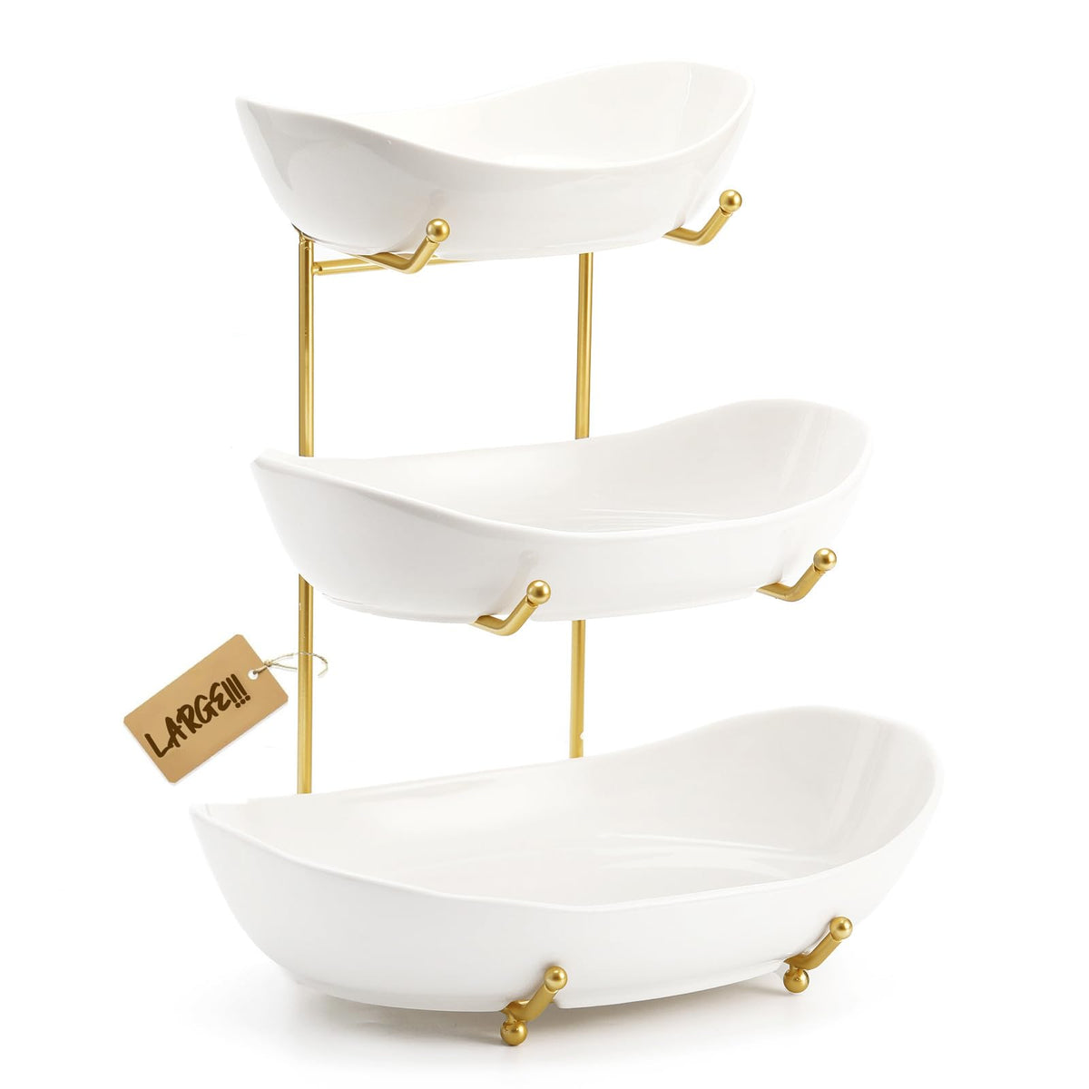 3 Tier Ceramic Fruit Bowl with Golden Metal Stand O174466