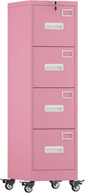 Pink 4-Drawer Metal File Cabinet with Lock and Wheels J50637