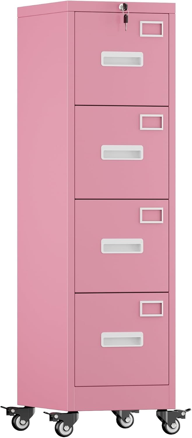 Pink 4-Drawer Metal File Cabinet with Lock and Wheels J50637