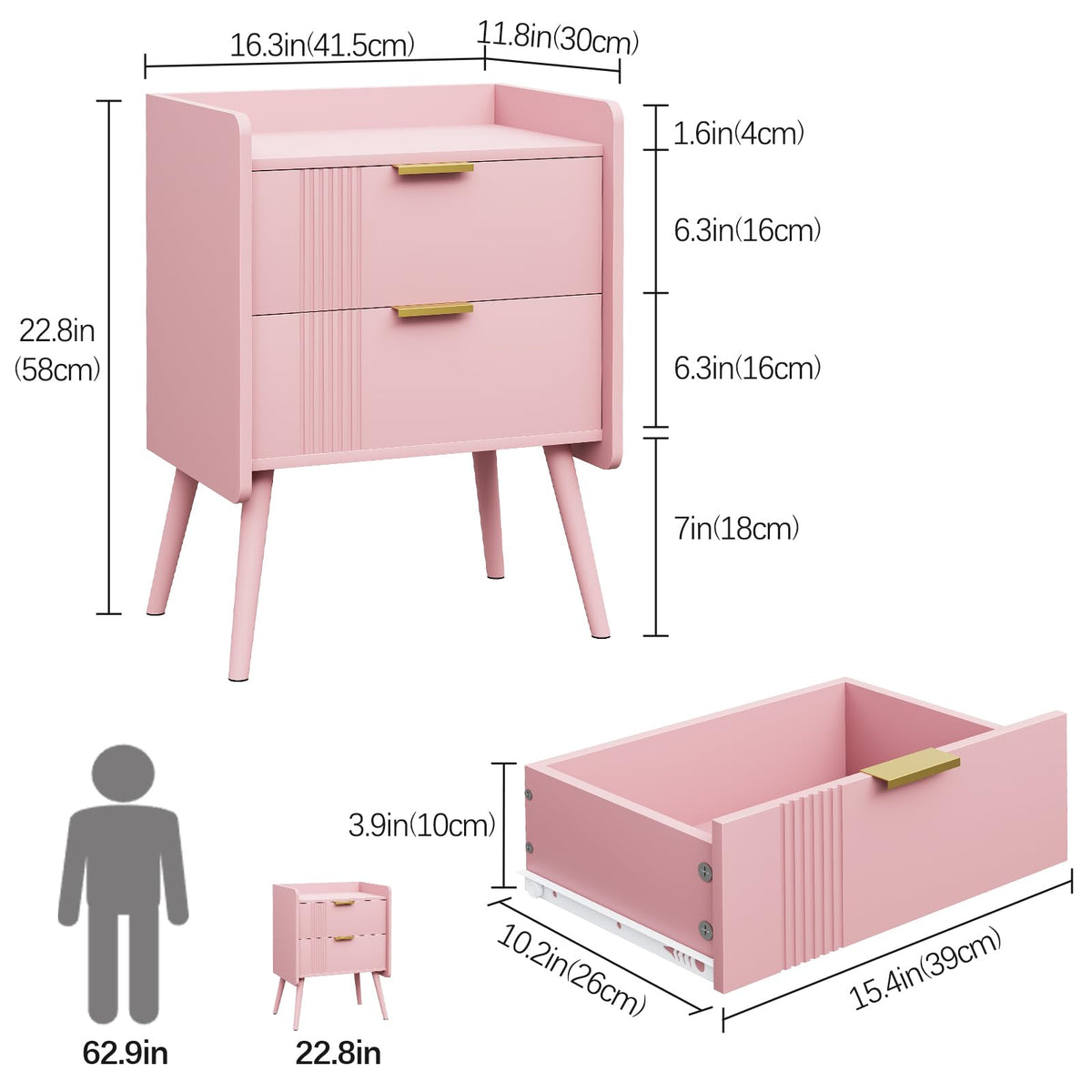 Pink 2 Drawer Wooden Nightstand R87325
