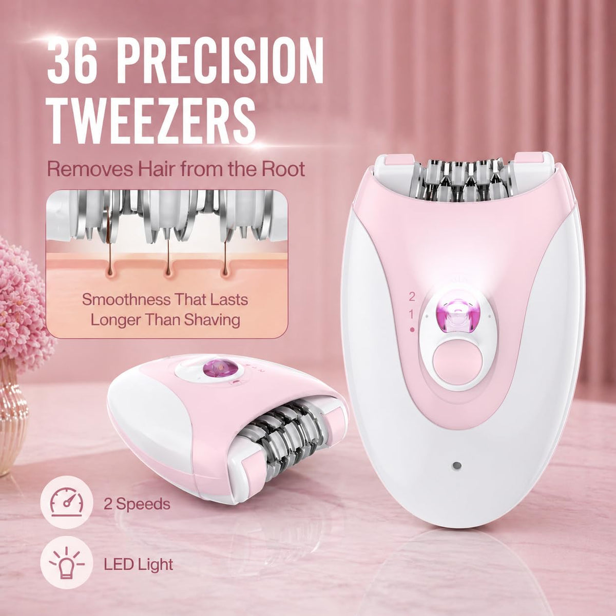Electric Epilator with 36 Tweezers, 2 Speed Cordless USB R3107