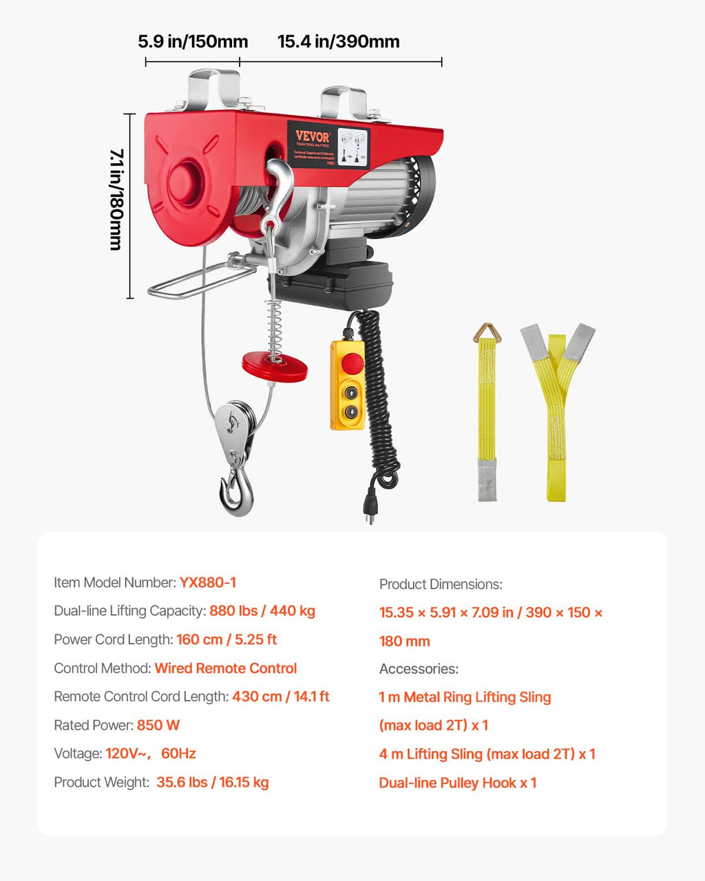 880lbs Electric Hoist with Wired Remote Control Z127