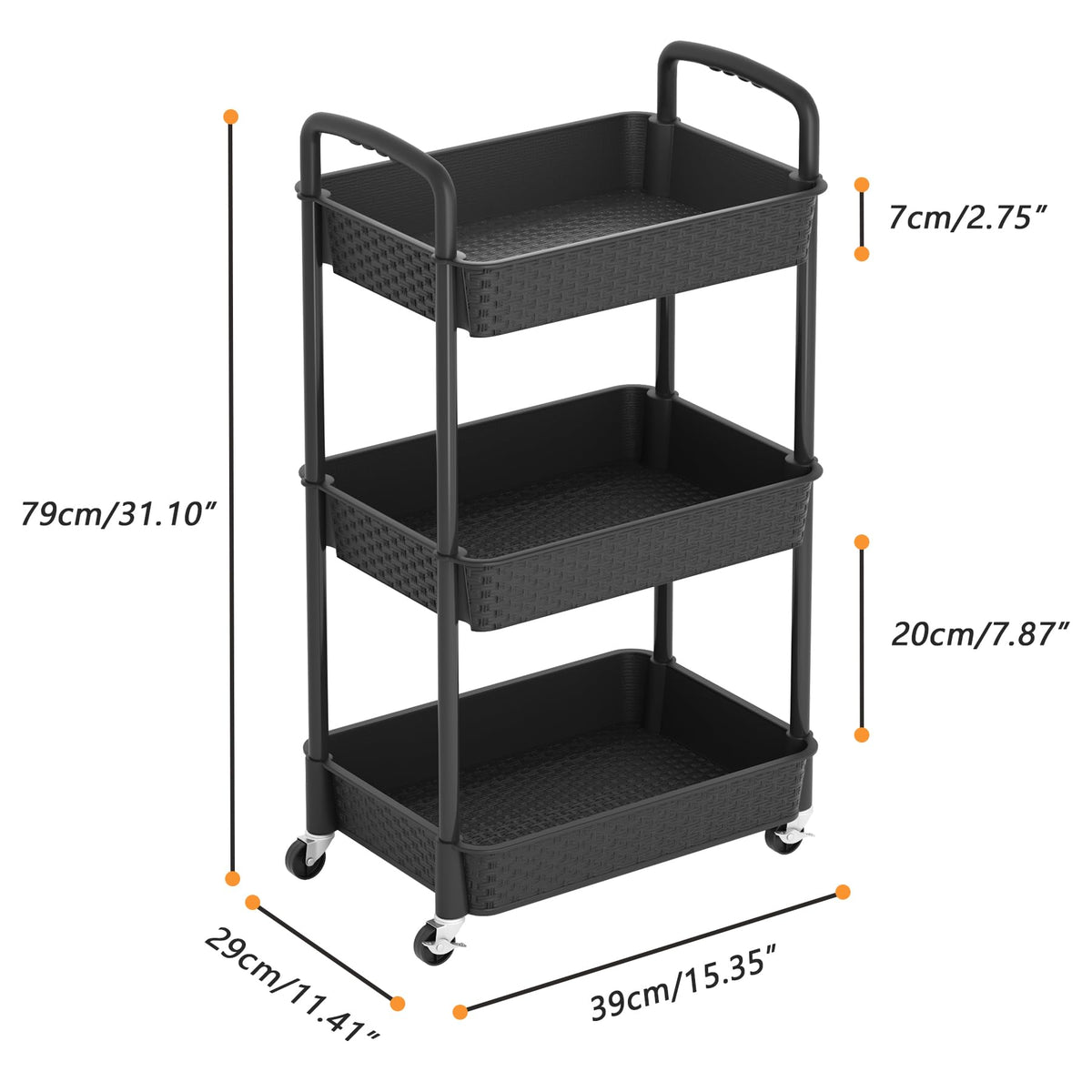 3-Tier Plastic Rolling Utility Cart with Handle F776671