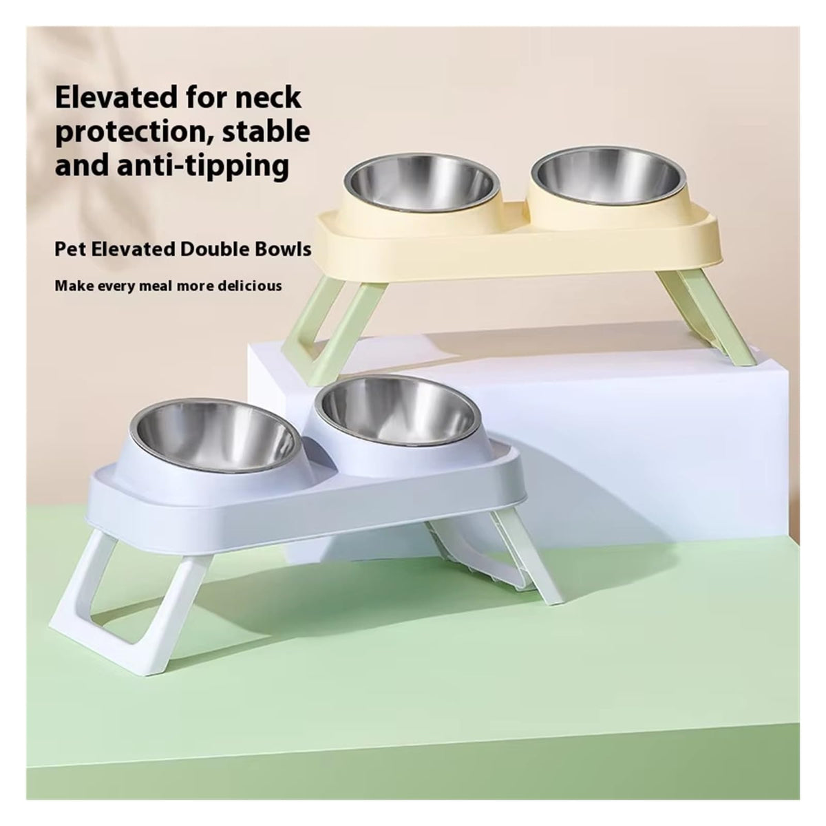 Foldable Elevated Stainless Steel Dual Pet Bowl E546066
