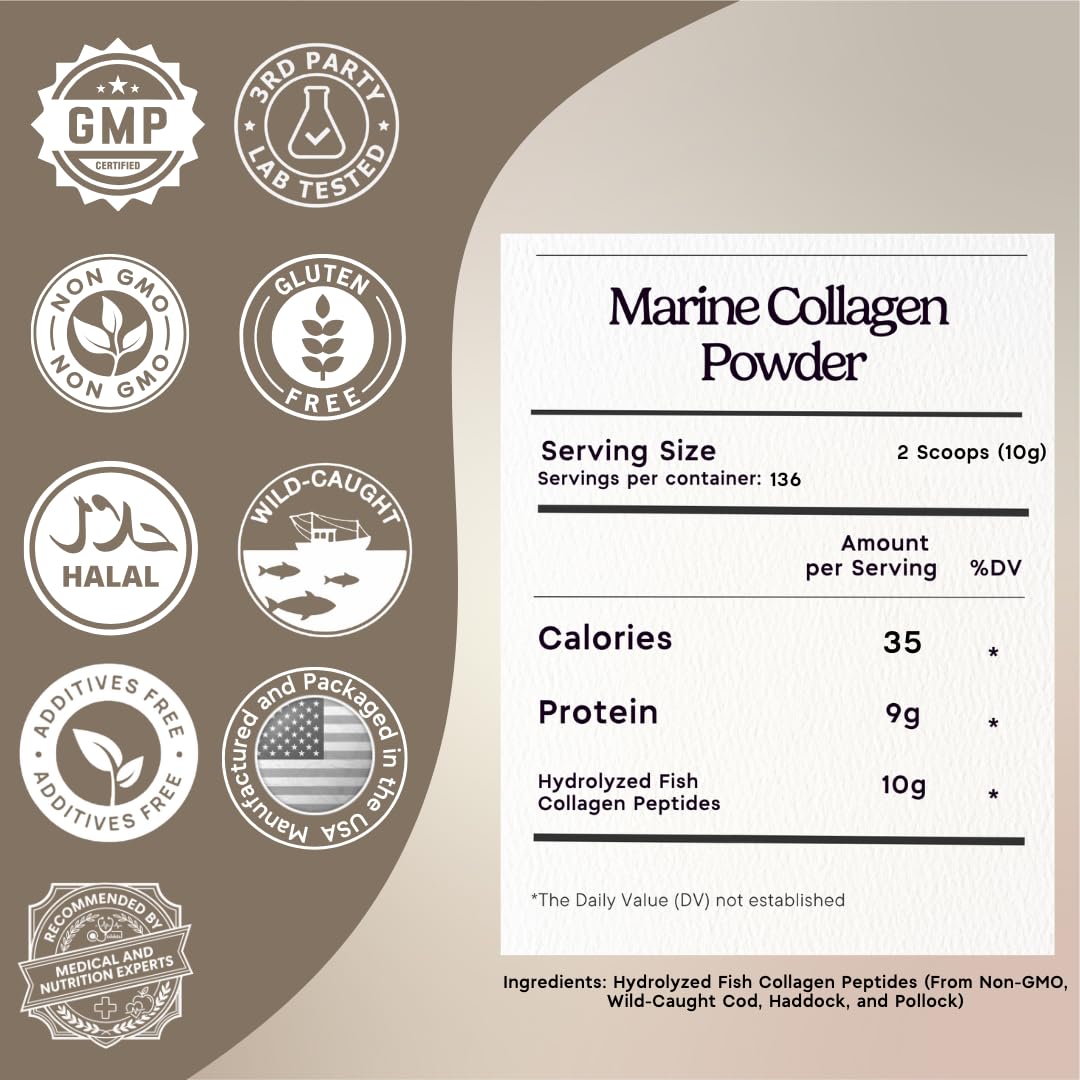 Marine Collagen Peptides Powder 3 lb. Wild-Caught Fish, Non-GMO. Hydrolyzed Types I, II, III & IV Protein. M43660