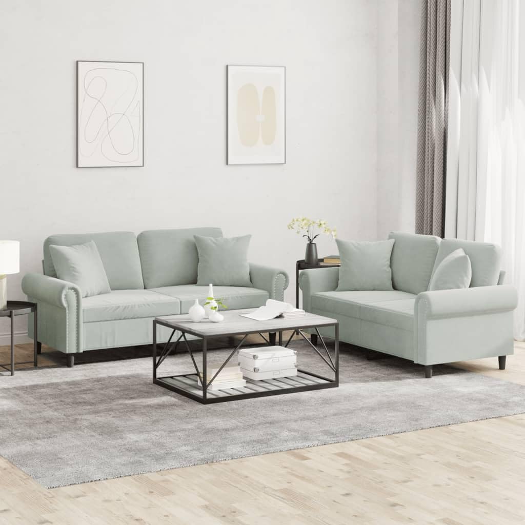 Light Gray Velvet 2 Piece Sofa Set with Throw Pillows Z61222