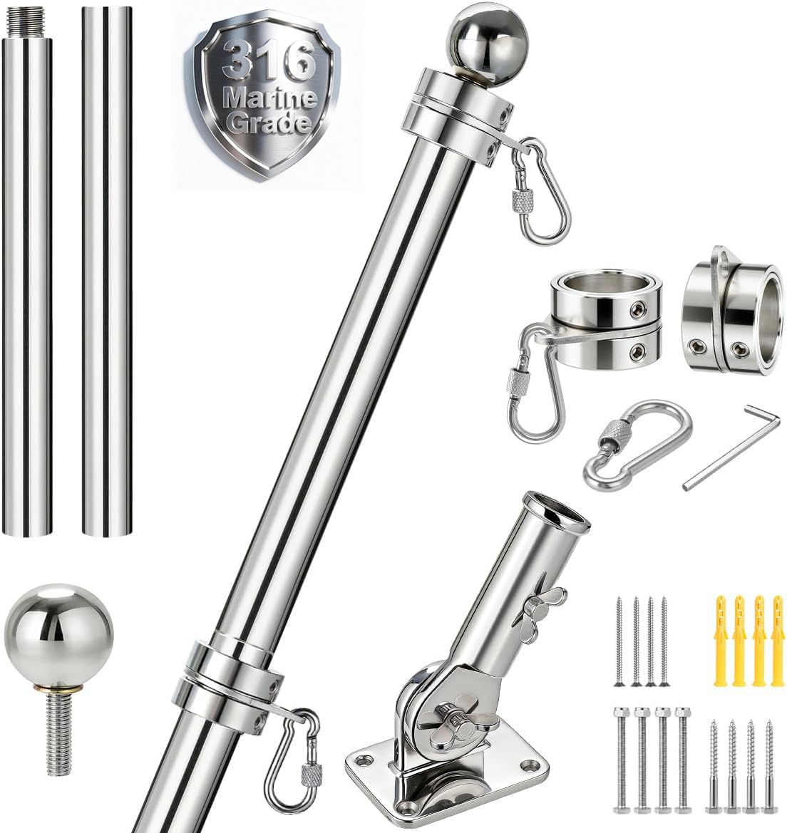24 Inch 316 Stainless Steel Boat Flag Pole Kit with Mounting Base V702002