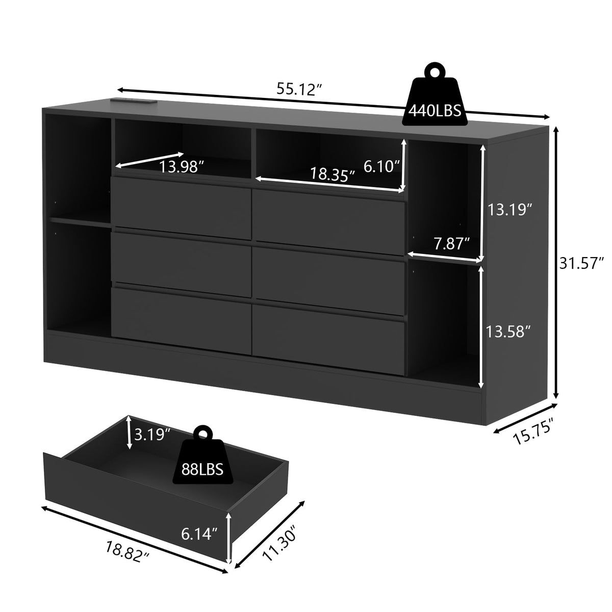 Black 6 Drawer Dresser with Open Storage Cubbies B21220