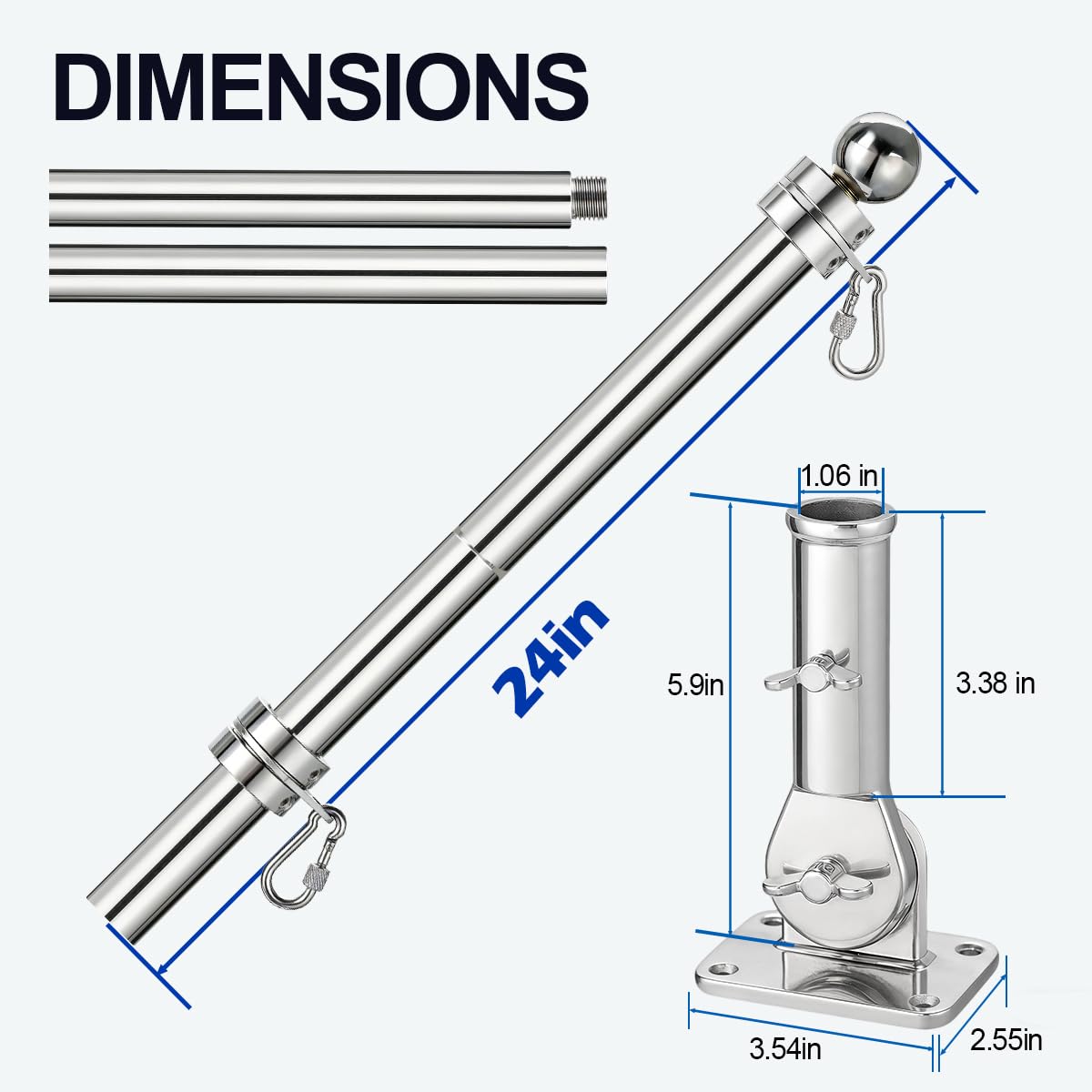24 Inch 316 Stainless Steel Boat Flag Pole Kit with Mounting Base V702002