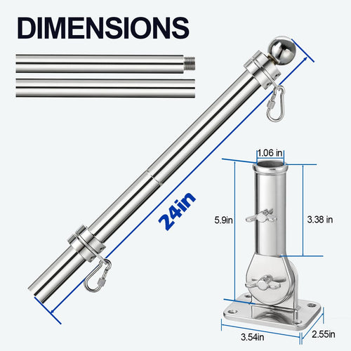 24 Inch 316 Stainless Steel Boat Flag Pole Kit with Mounting Base V702002