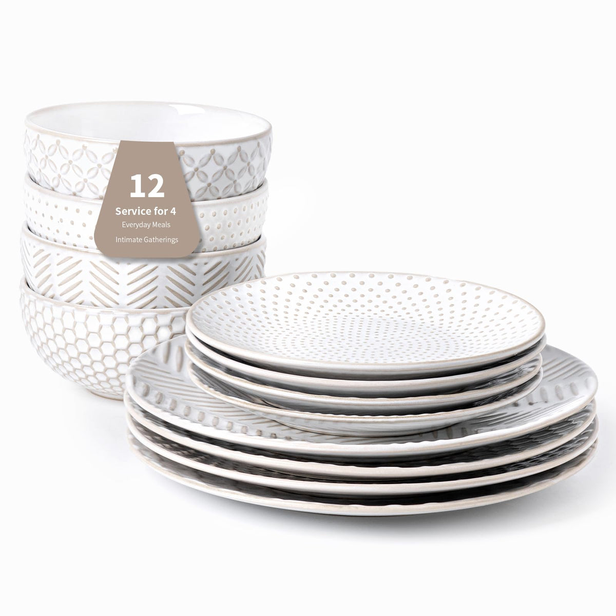 12 Piece Embossed Stoneware Dinnerware Sets for 4 J955
