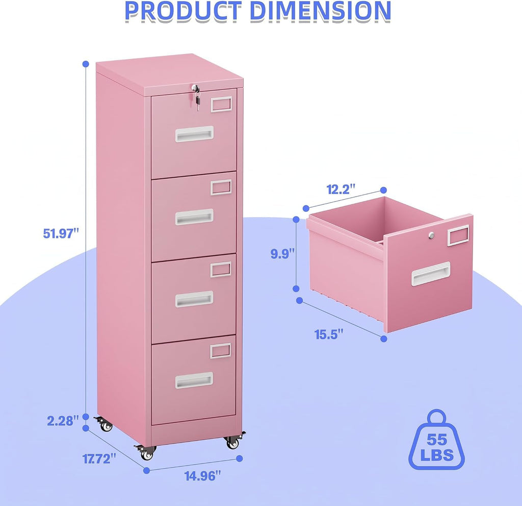 Pink 4-Drawer Metal File Cabinet with Lock and Wheels J50637