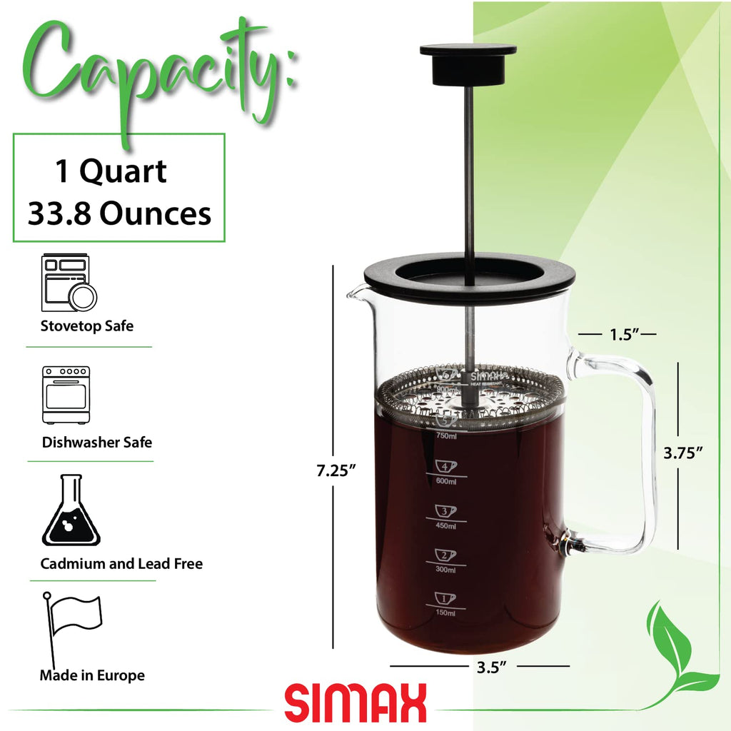 1 Liter Dishwasher Safe Borosilicate Glass French Press E1857