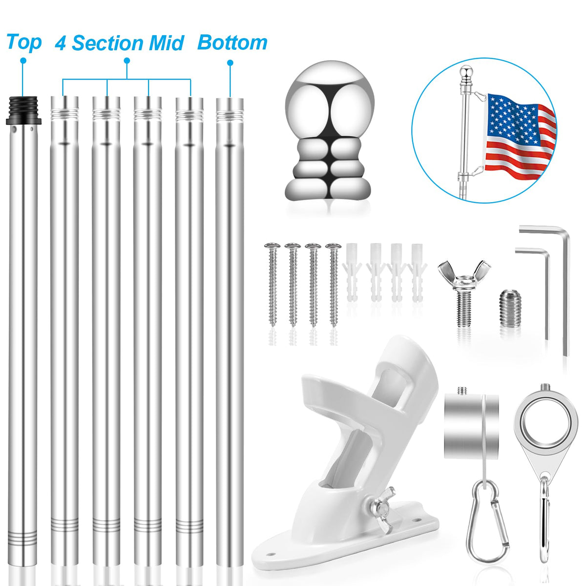 Silver 7 FT Metal Flagpole Kit and 304 Stainless Steel Flagpole Clips R76641