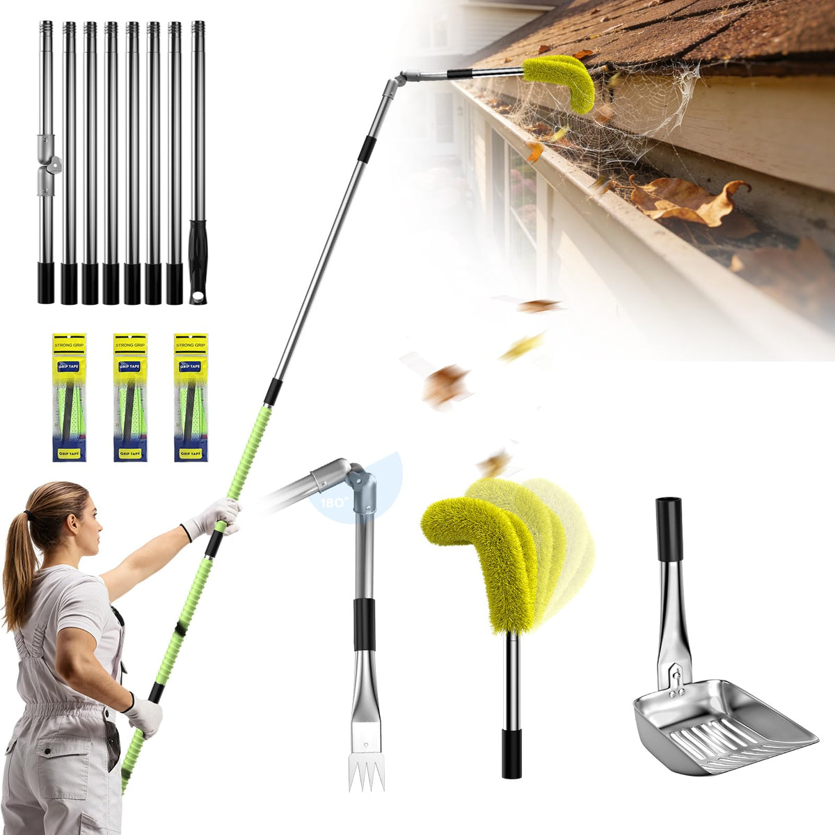 13ft Gutter Cleaning Tools with Replaceable Brush Rake Scoop, 180° Adjustable Angle, Yellow G59928