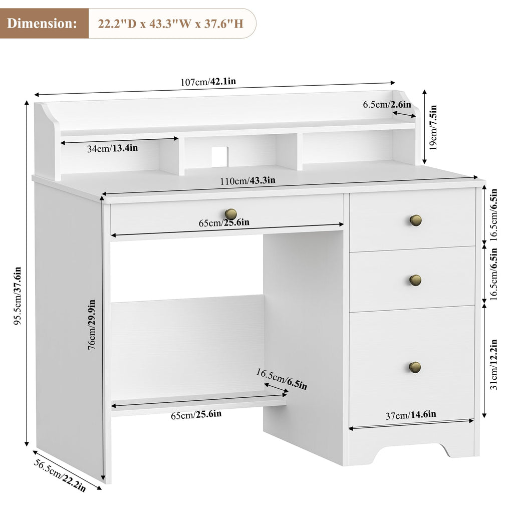 White Computer Desk with Drawers and Hutch Shelf M142251