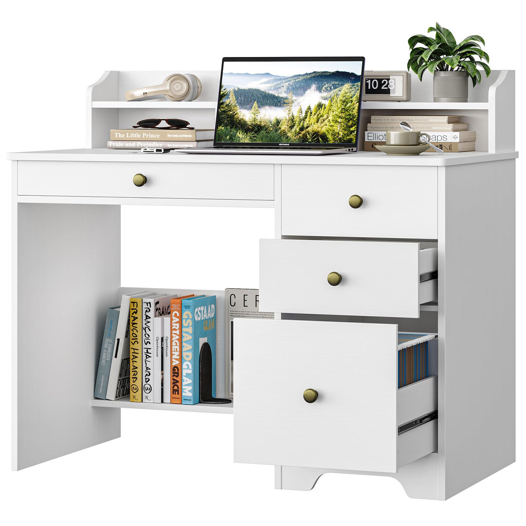 White Computer Desk with Drawers and Hutch Shelf M142251
