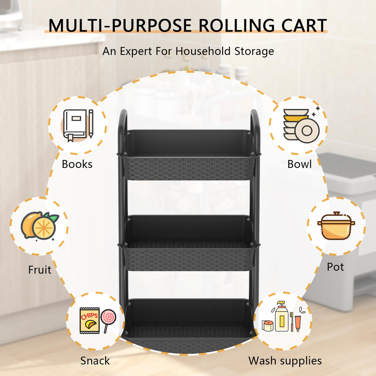 3-Tier Plastic Rolling Utility Cart with Handle F776671
