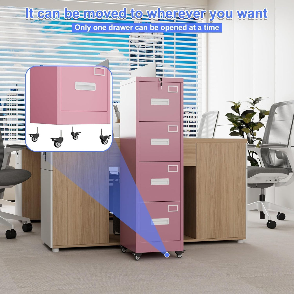 Pink 4-Drawer Metal File Cabinet with Lock and Wheels J50637