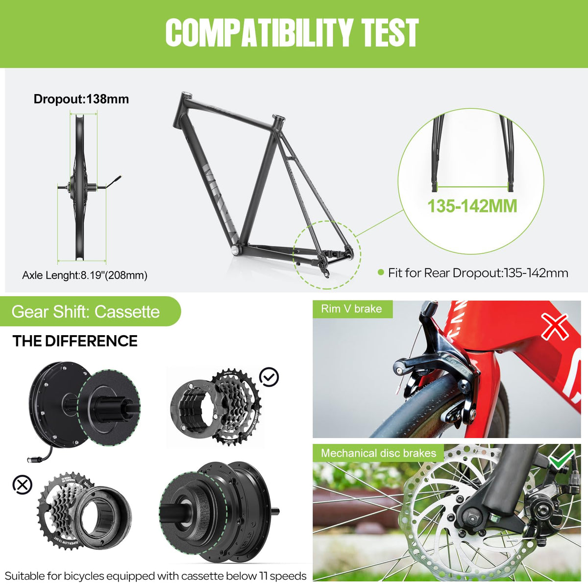 48V 1000W Electric Bike Conversion Kit Rear Wheel Hub Motor Q90563
