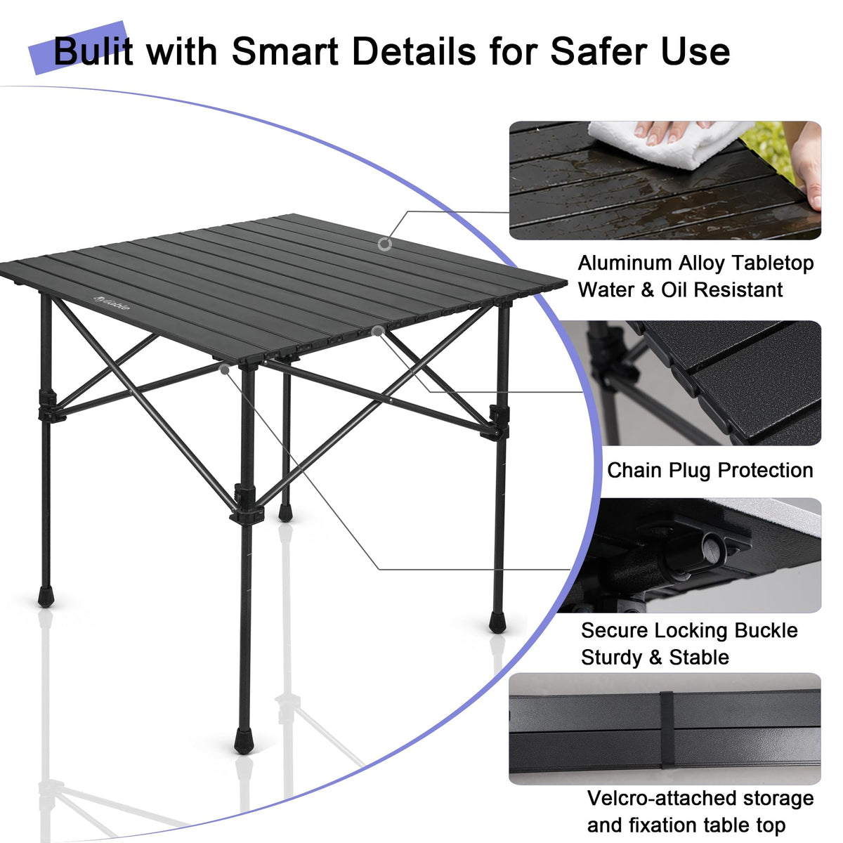 Square Folding Adjustable Height Camping Table, Black K3749