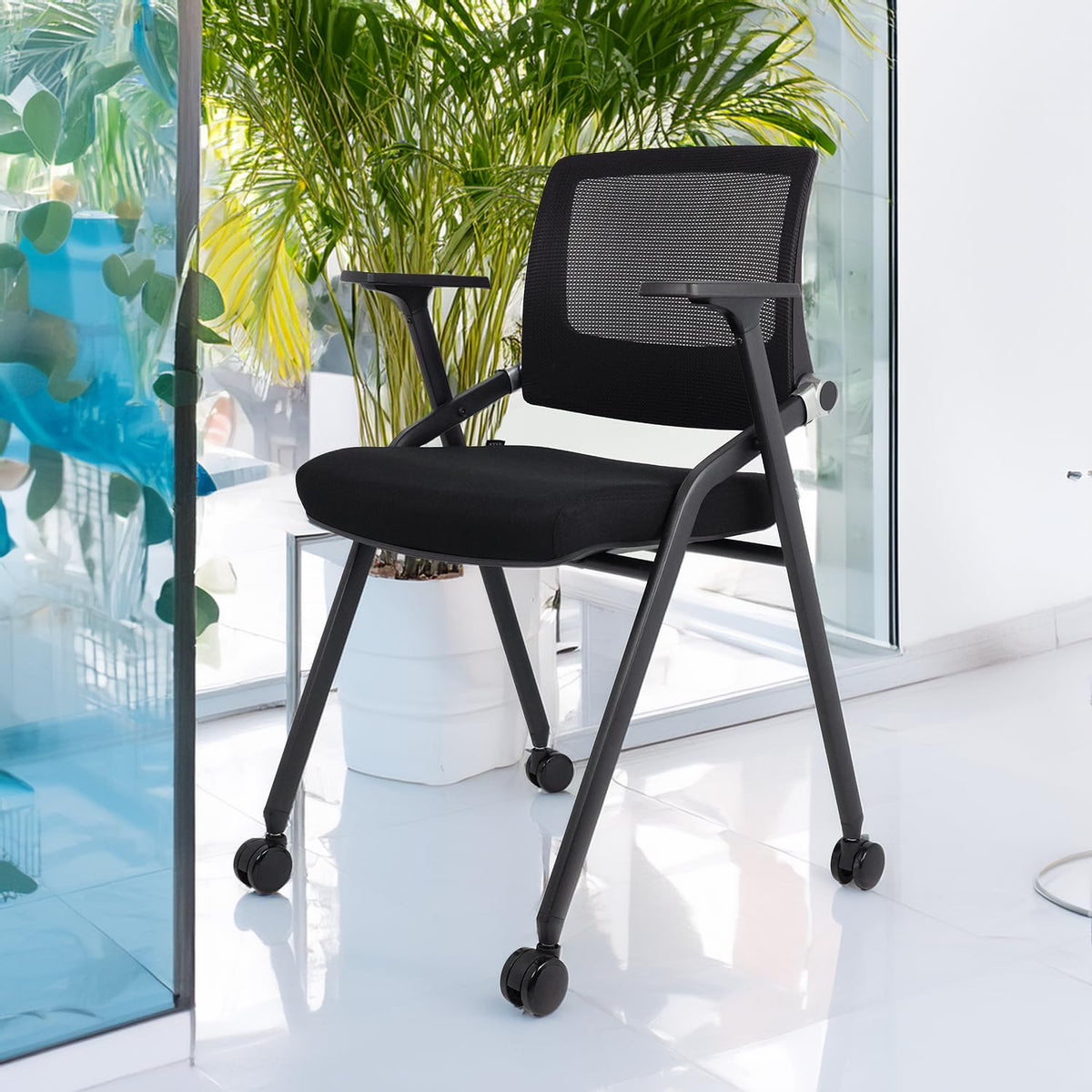 2 Pack Black Mesh Folding Office Chairs with Wheels R3173