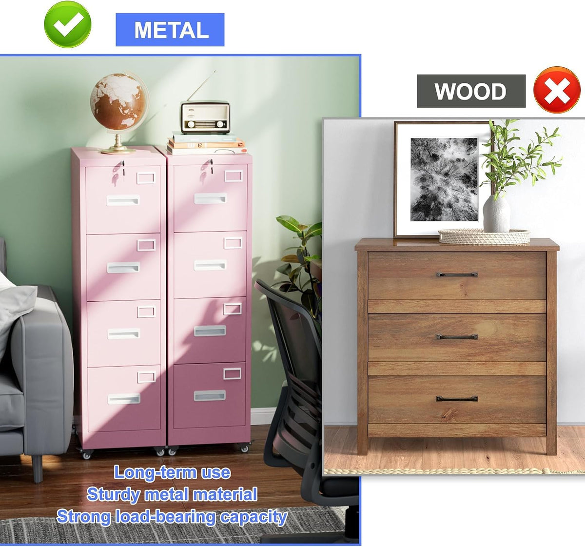 Pink 4-Drawer Metal File Cabinet with Lock and Wheels J50637
