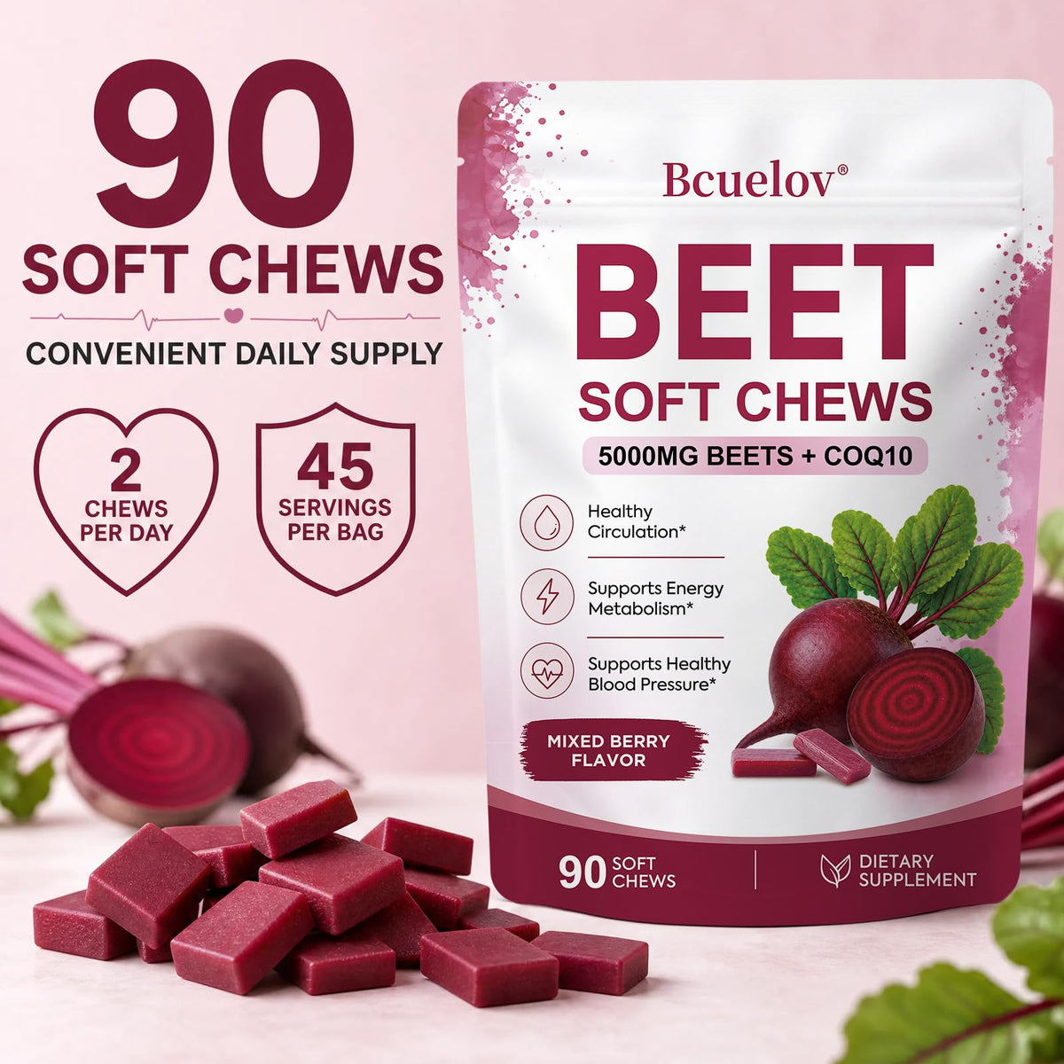 Beet Root Chews with CoQ10, Mixed Berry, 90 Ct S7794