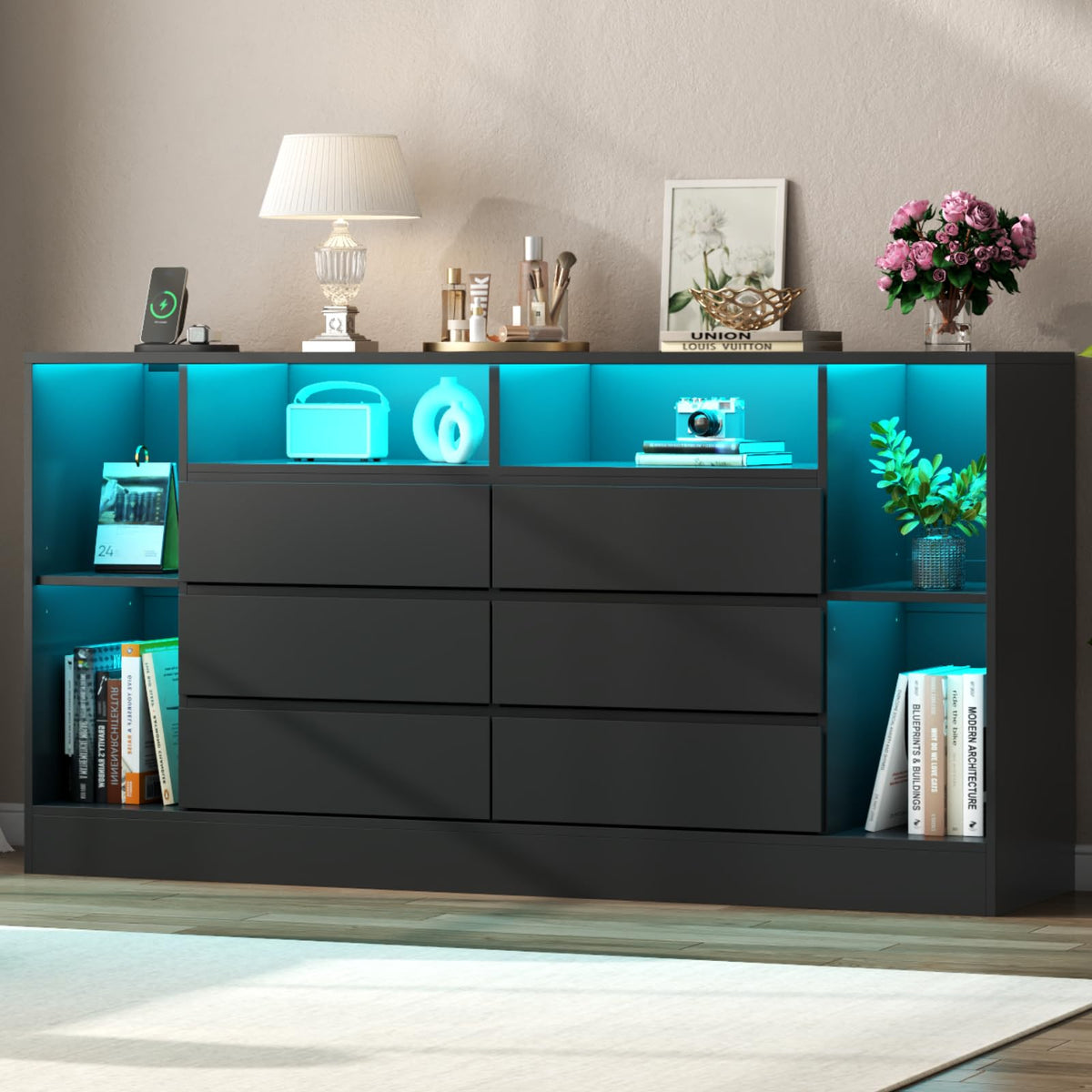 Black 6 Drawer Dresser with Open Storage Cubbies B21220