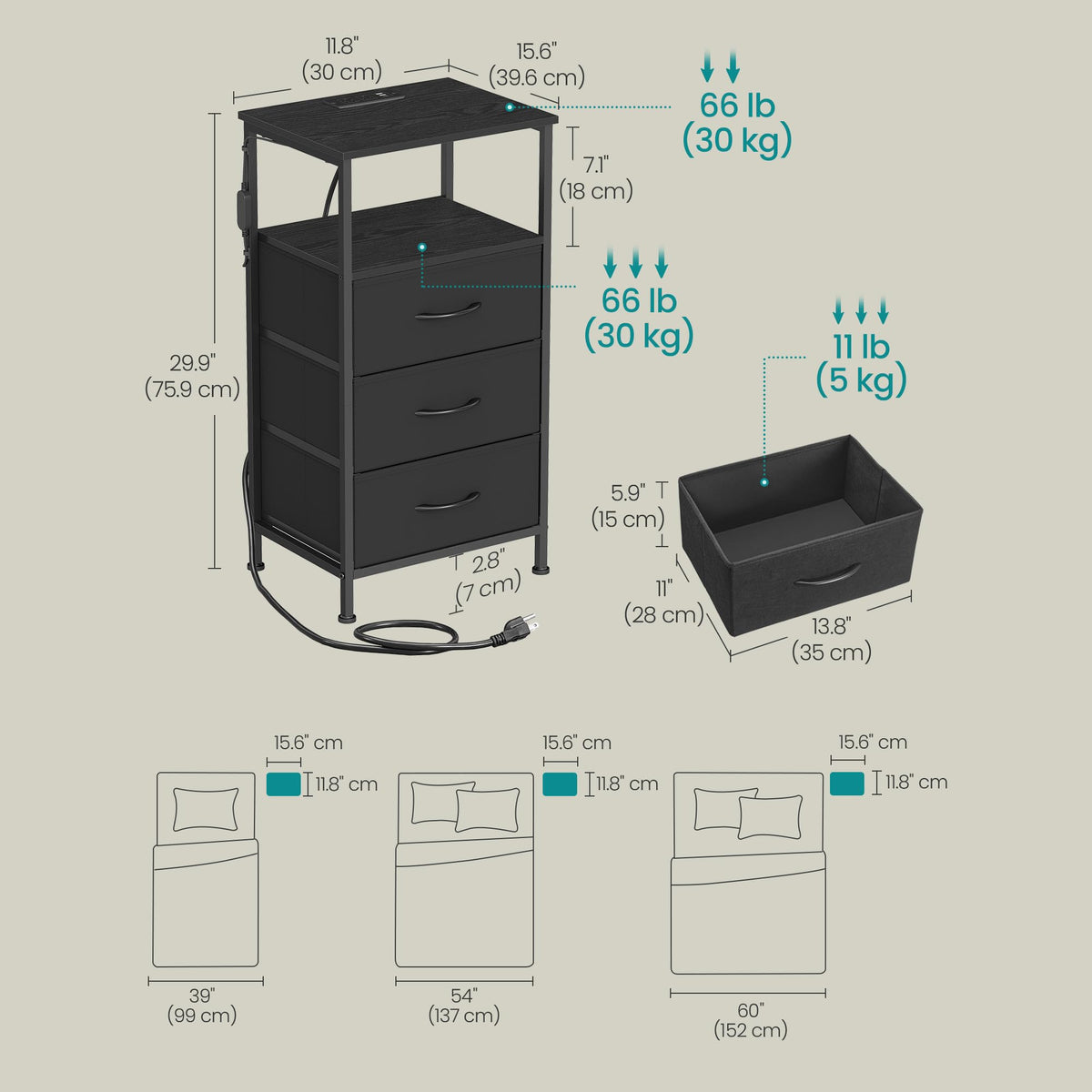 Nightstand with Charging Station, 3 Fabric Drawers I882658
