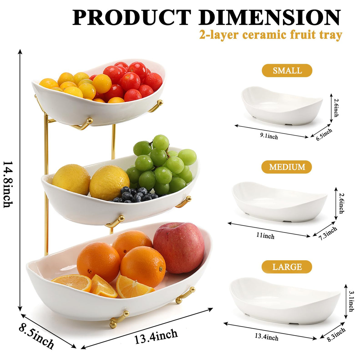 3 Tier Ceramic Fruit Bowl with Golden Metal Stand O174466