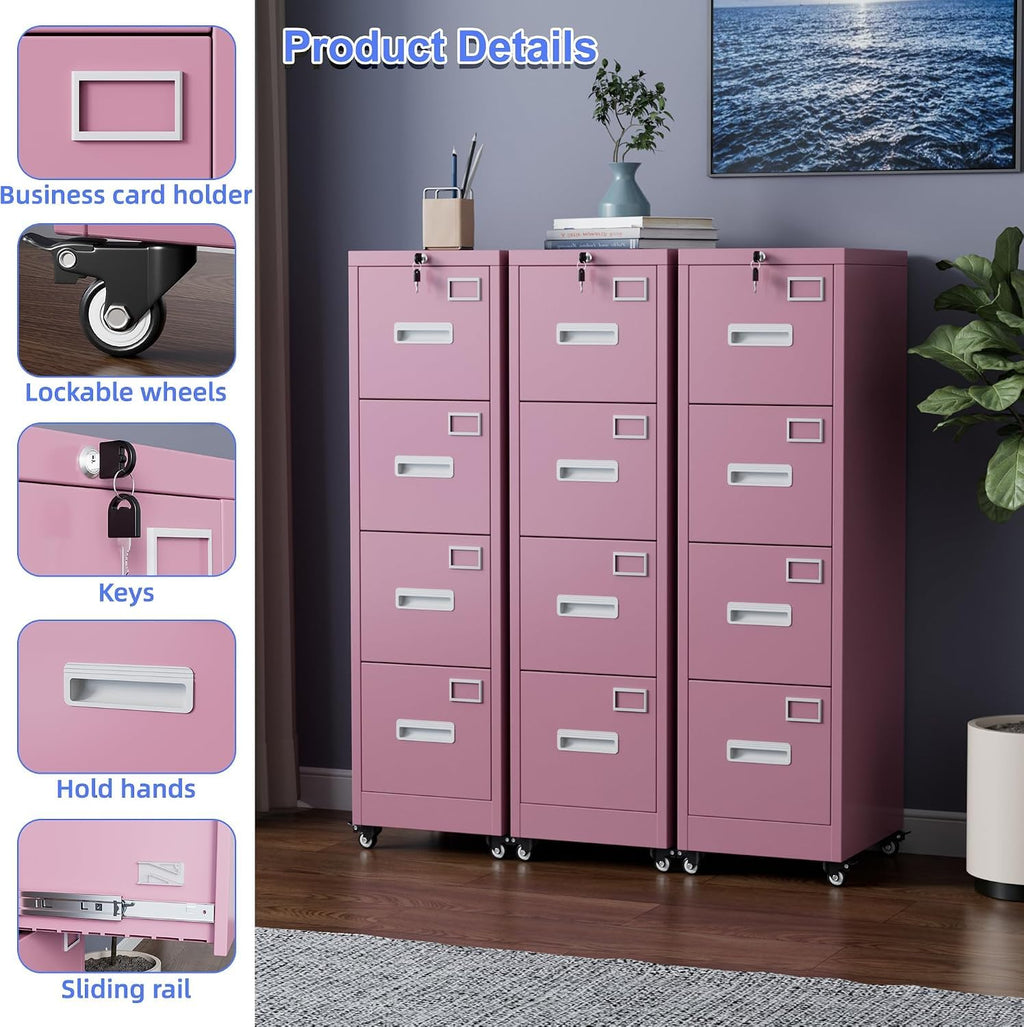 Pink 4-Drawer Metal File Cabinet with Lock and Wheels J50637