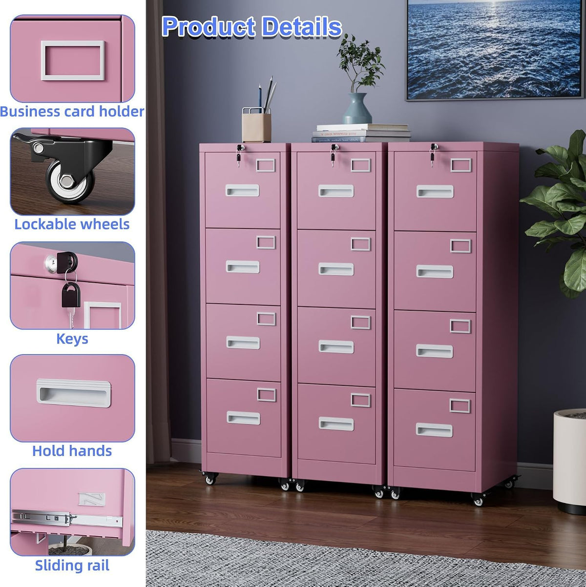 Pink 4-Drawer Metal File Cabinet with Lock and Wheels J50637