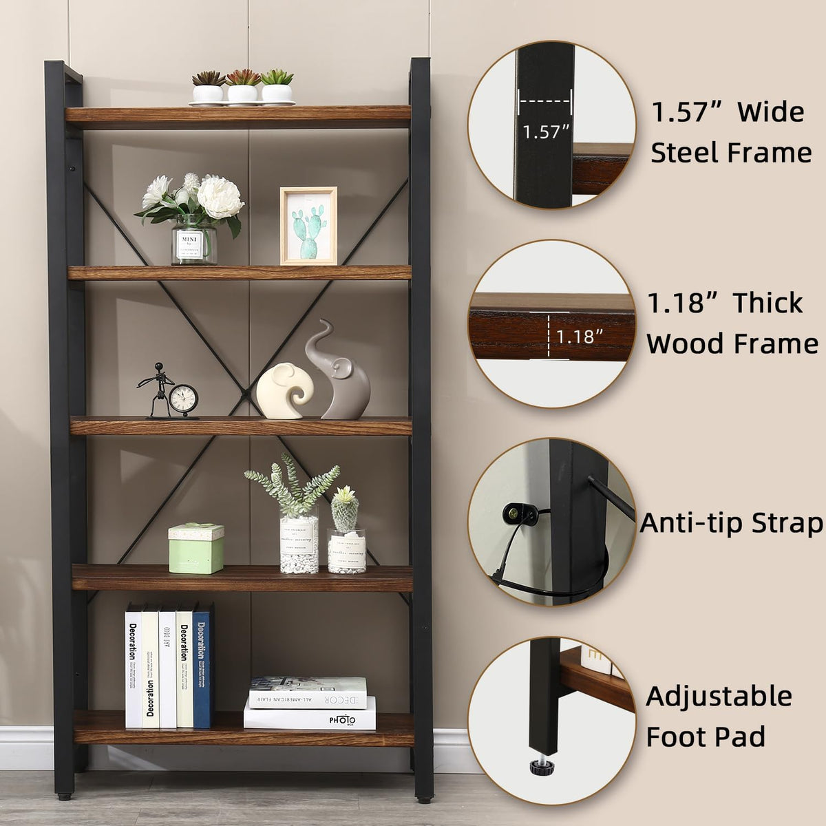 5 Tier Solid Wood Metal Bookcase Z9814