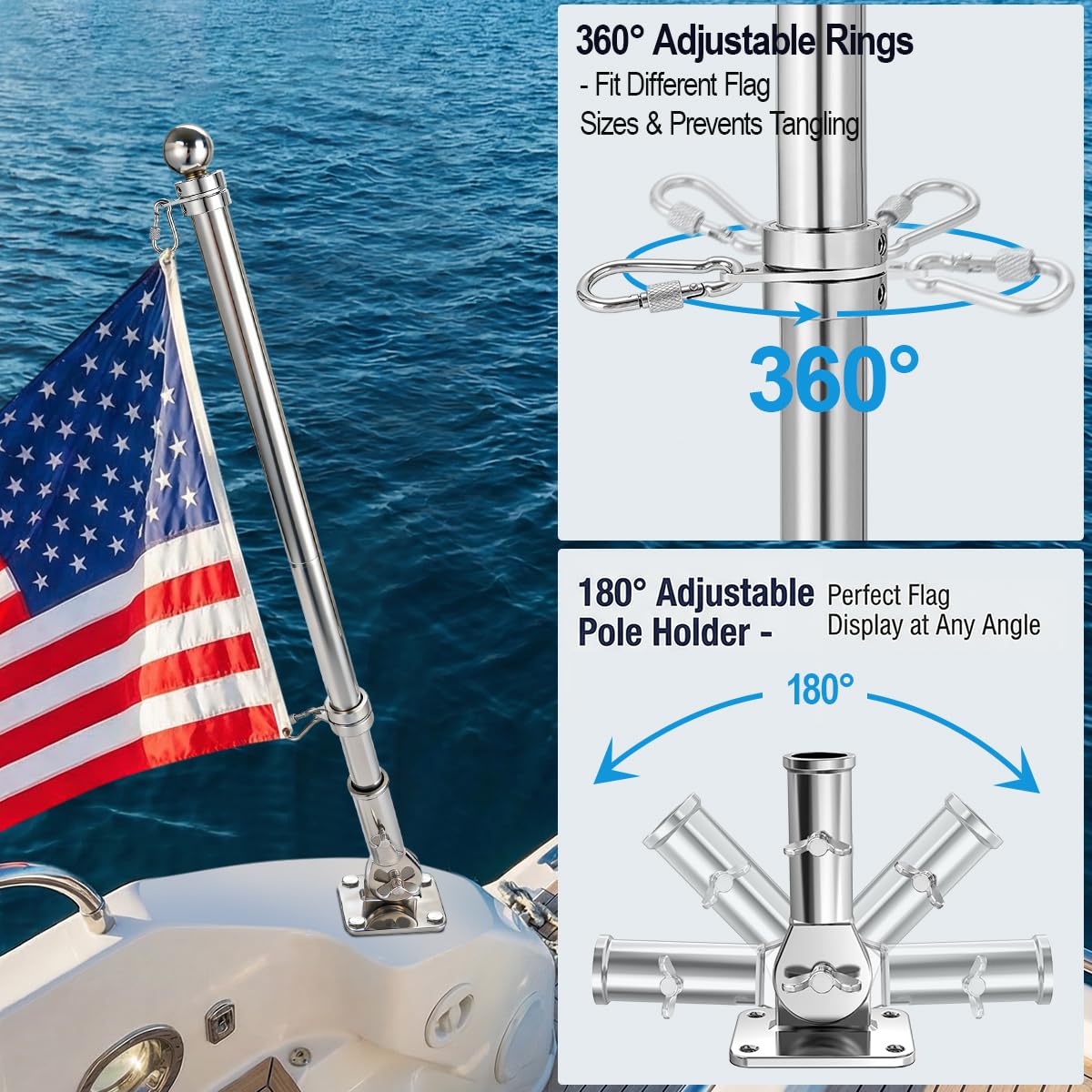 24 Inch 316 Stainless Steel Boat Flag Pole Kit with Mounting Base V702002
