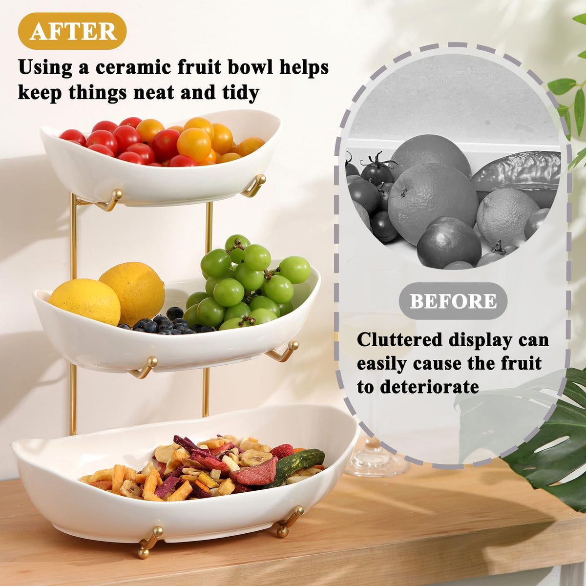 3 Tier Ceramic Fruit Bowl with Golden Metal Stand O174466