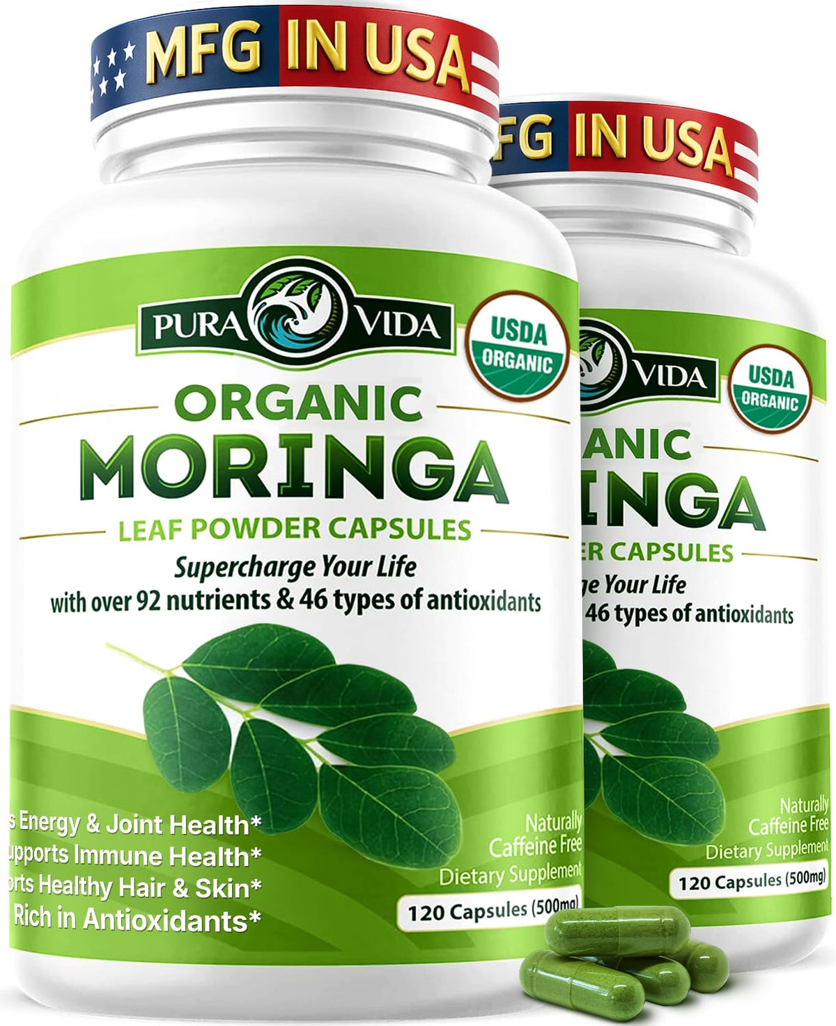 Organic Moringa Capsules 500mg 120ct Pack of 2 B33583