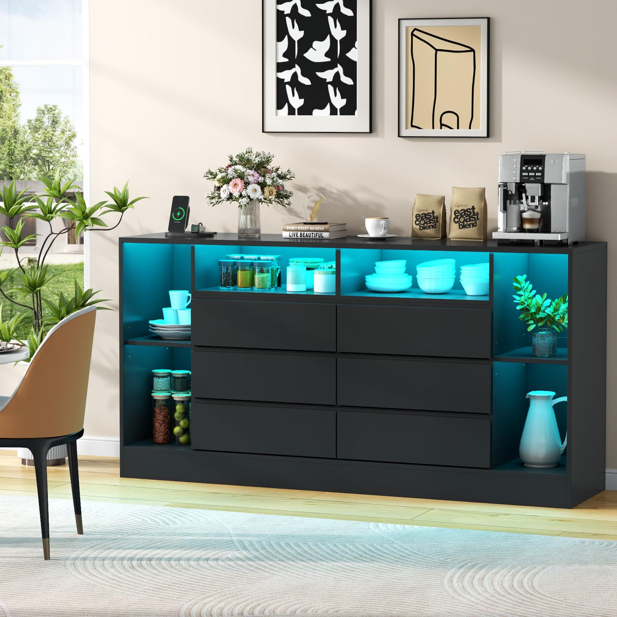 Black 6 Drawer Dresser with Open Storage Cubbies B21220