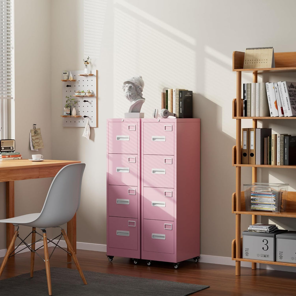 Pink 4-Drawer Metal File Cabinet with Lock and Wheels J50637