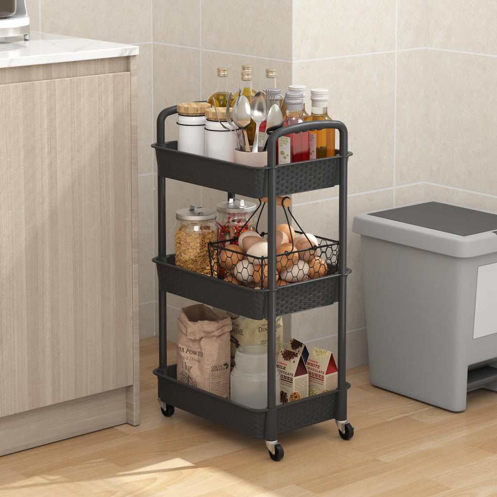 3-Tier Plastic Rolling Utility Cart with Handle F776671