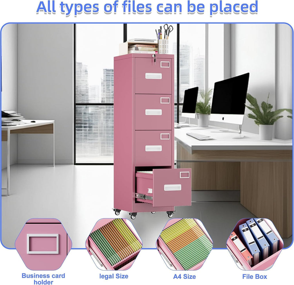 Pink 4-Drawer Metal File Cabinet with Lock and Wheels J50637