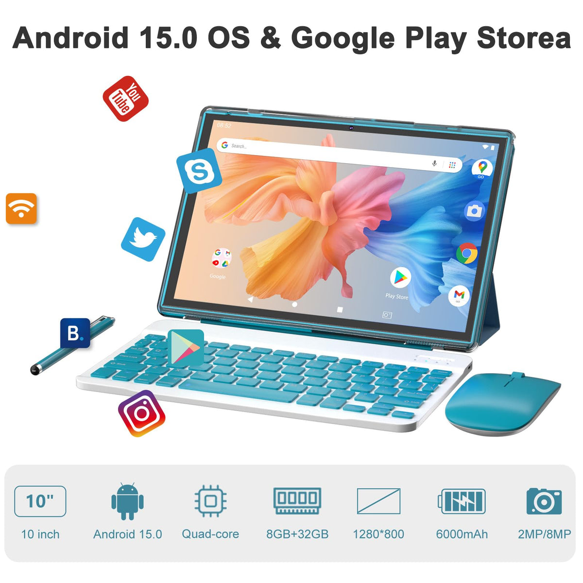 10 inch Android Tablet with Keyboard Stylus 8GB RAM 32GB ROM M65575