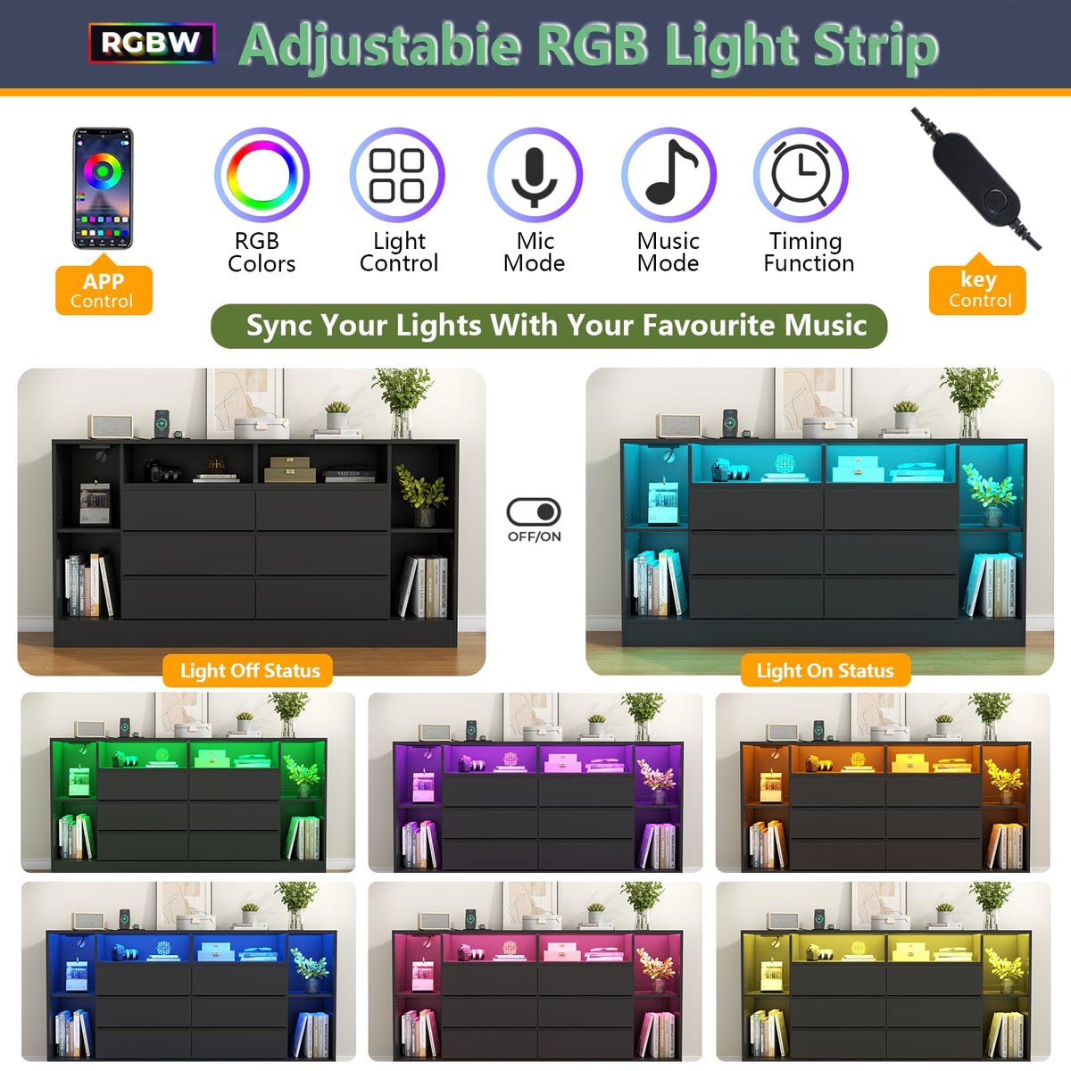 Black 6 Drawer Dresser with Open Storage Cubbies B21220