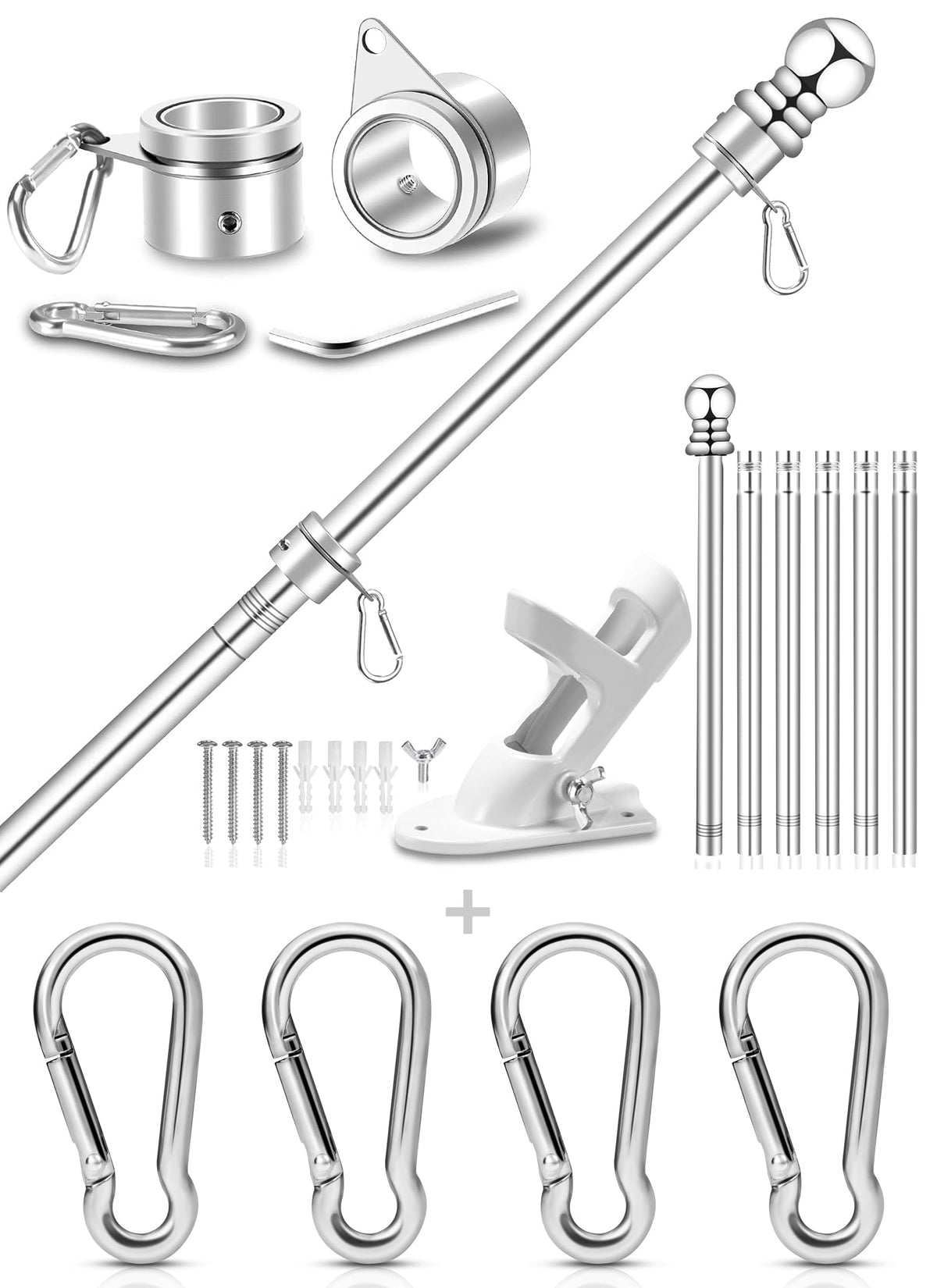 Silver 7 FT Metal Flagpole Kit and 304 Stainless Steel Flagpole Clips R76641