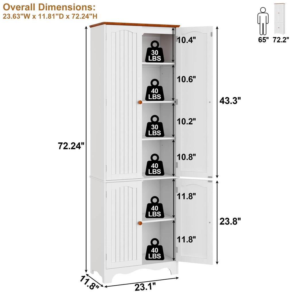 White 72" Kitchen Pantry Cabinet with Doors and Adjustable Shelves X728