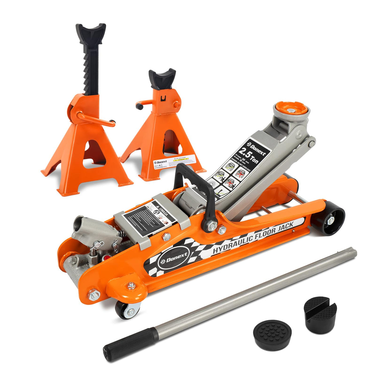 Steel Floor Jack and Orange Jack Stands R2536
