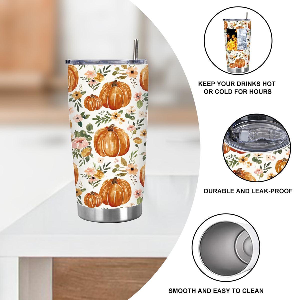 20 Oz Floral Pumpkin Tumbler with Lid Straw P356