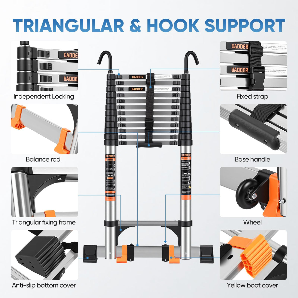 Telescoping Ladder 16.5 FT with Wheels & Hooks 330 lbs T7018