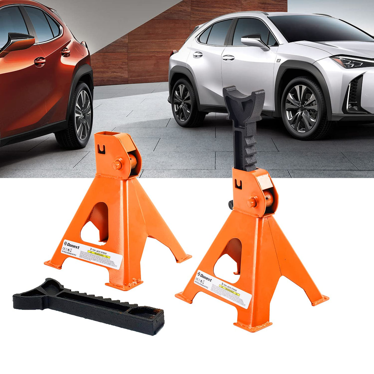 Steel Floor Jack and Orange Jack Stands R2536